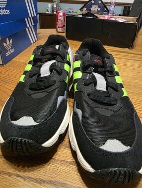 adidas Yung 96 Kids Size 4  Black Sneakers with Neon Green Three Stripes